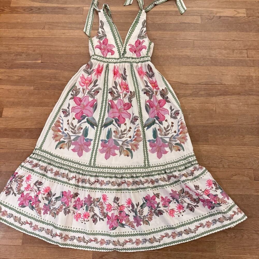 SHEIN cream green pink floral flower a-line midi dress size medium M b54